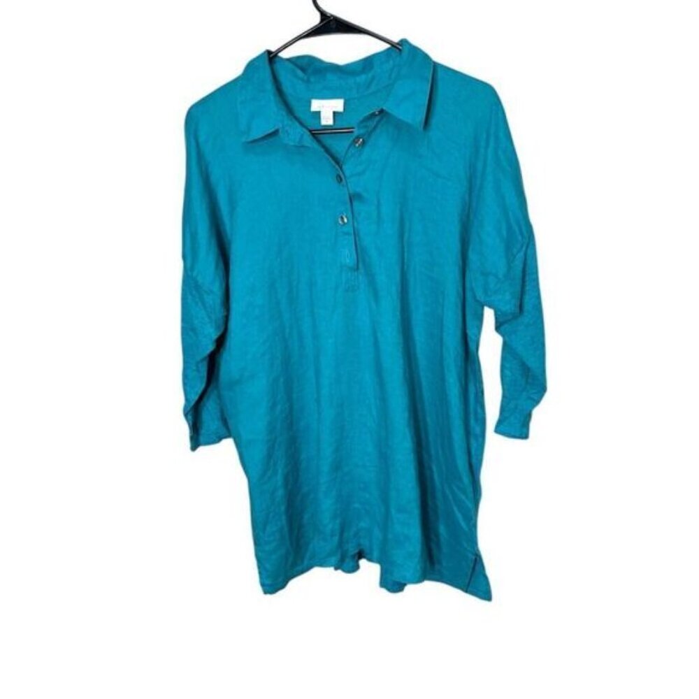 J. Jill Love Linen Teal Blue Popover 3/4 Sleeves 100% Linen Tunic Size‎ M